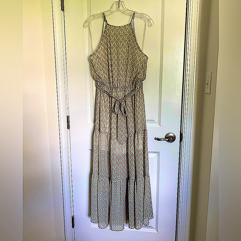 Beige and mint geometric print maxi dress